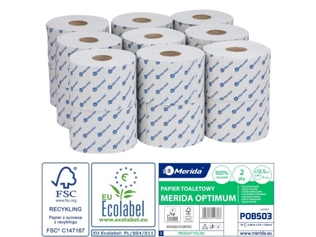 MERIDA OPTIMUM roll toilet paper, white, 2-ply, 13.5 cm diameter, recycled paper, 68 m (18 rolls / pack.)